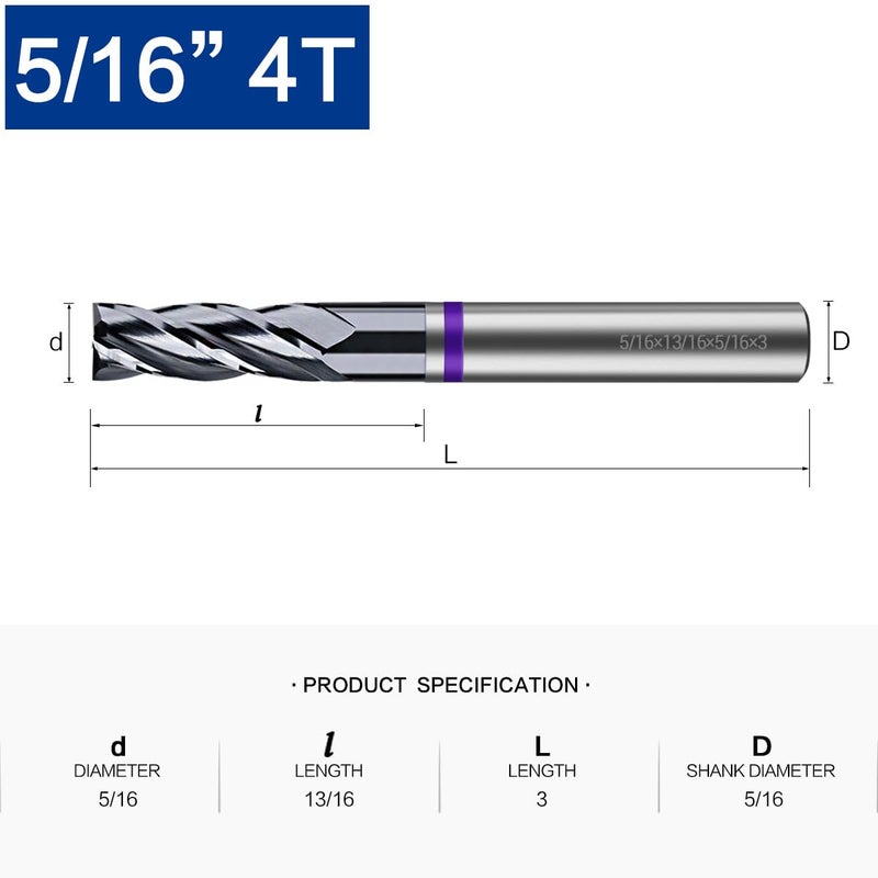 VIERDWIN Carbide Square End Mill - 4 Flute - for Milling Alloy Steels, Hardened Steel, Metal & More – Mill Bits Sets for DIYers & Professionals (5/16" 4T)-1Piece - Image 2